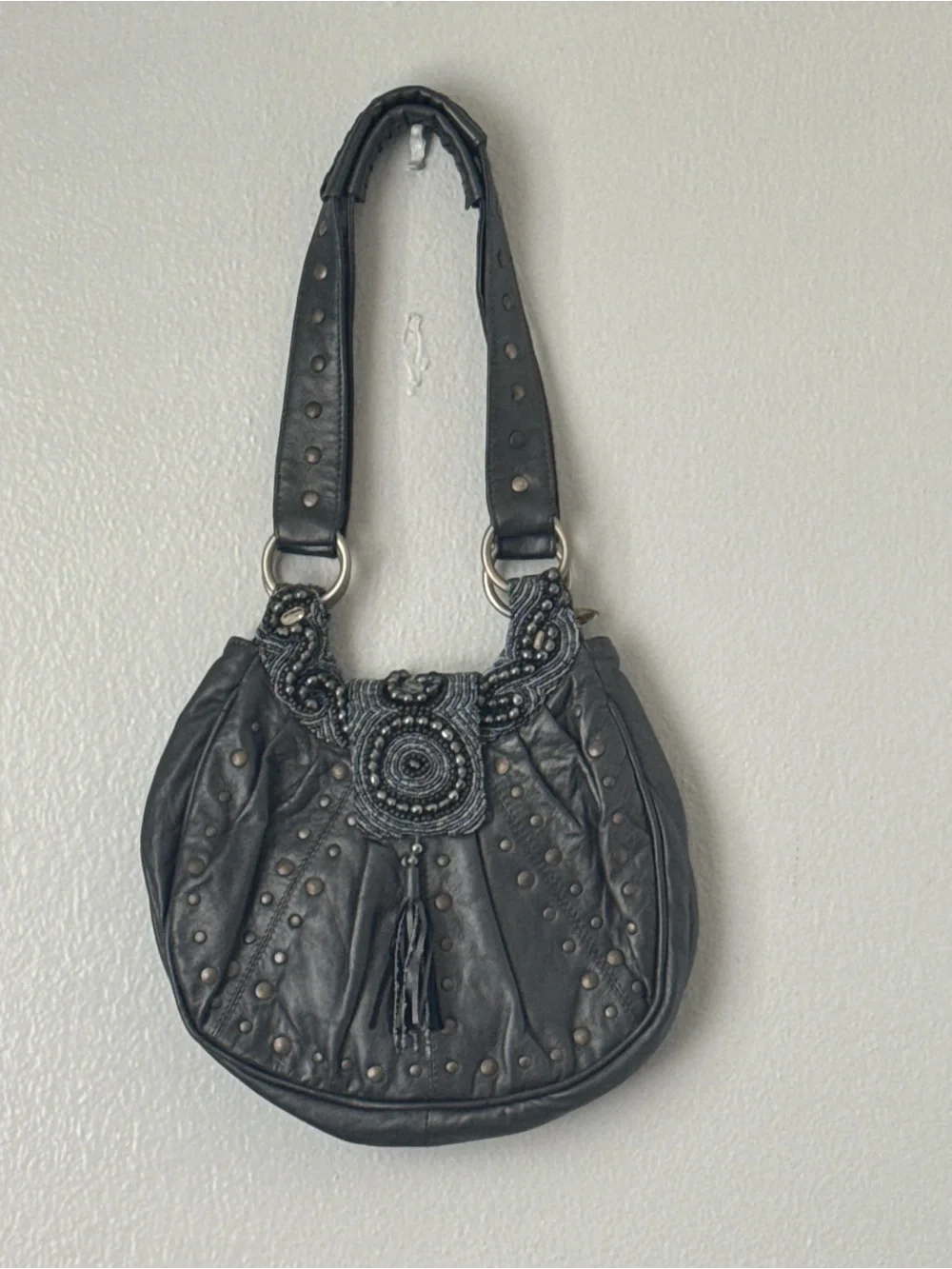Mary Frances Embellished Leather Studded Hobo Bag Beaded Boho Purse